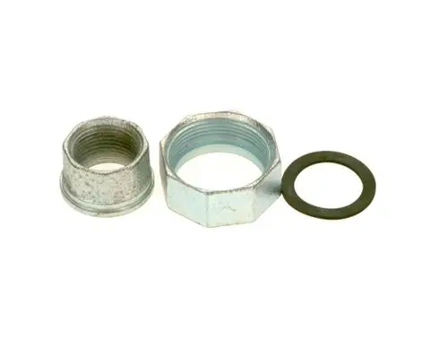 BOSCH Verschraubung mit zwei Teilen und einer Dichtung, aus Metall gefertigt, geeignet für verschiedene Verbindungssysteme.